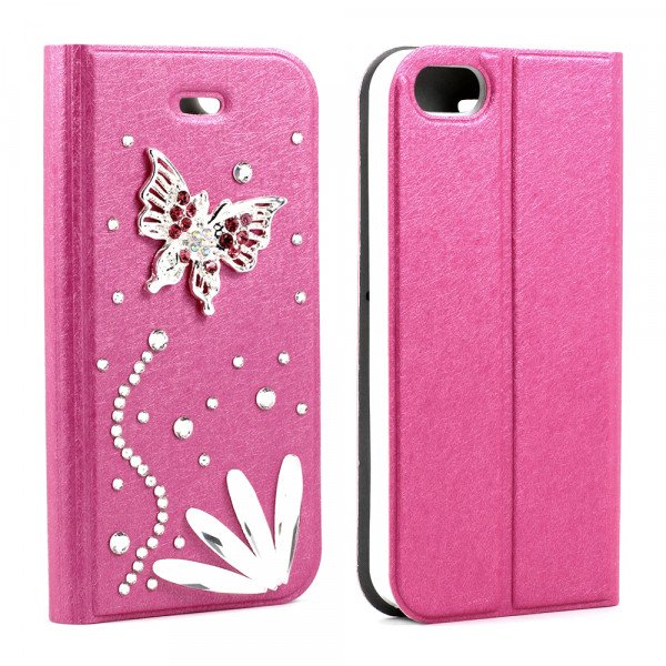 Wholesale Apple iPhone 5/5S Crystal Diamond Flip Wallet Case (Hot Pink)